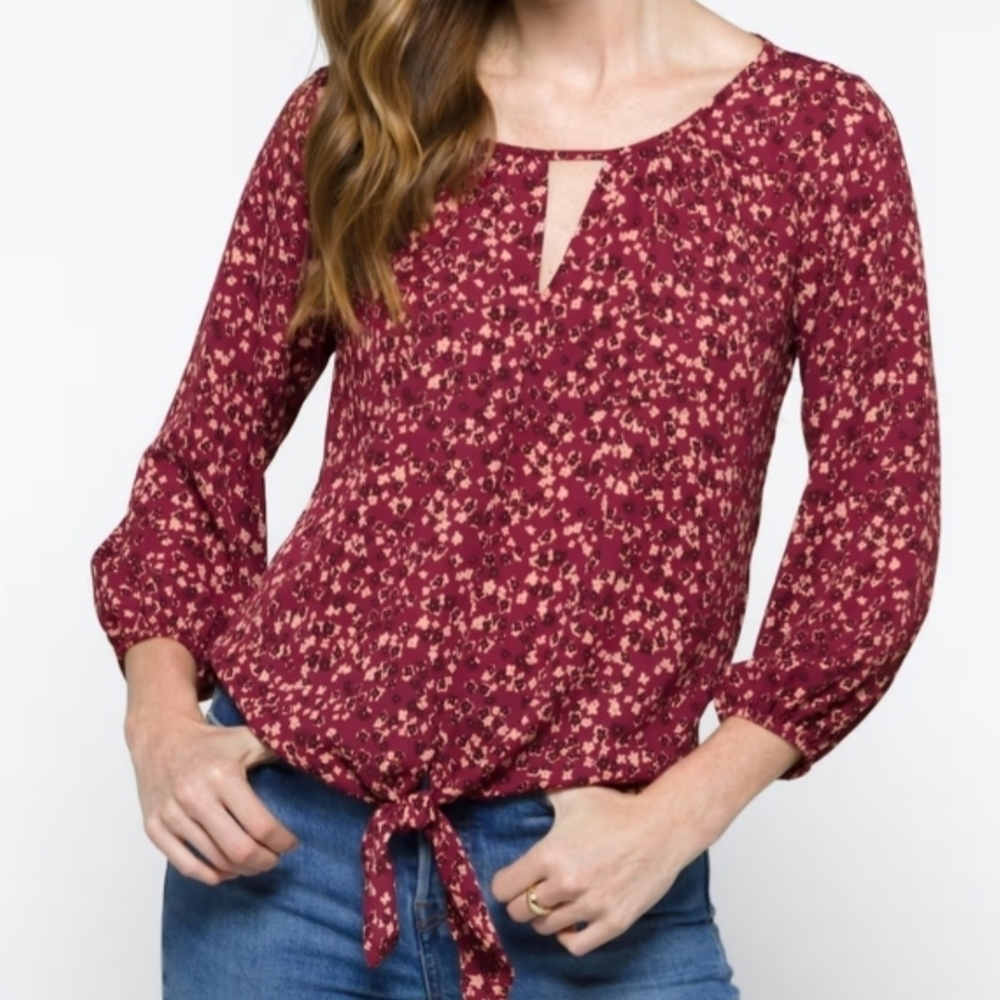 West Kei Berry Red Floral Peasant Blouse Balloon Sleeve Keyhole Neck Size M - Picture 2 of 13